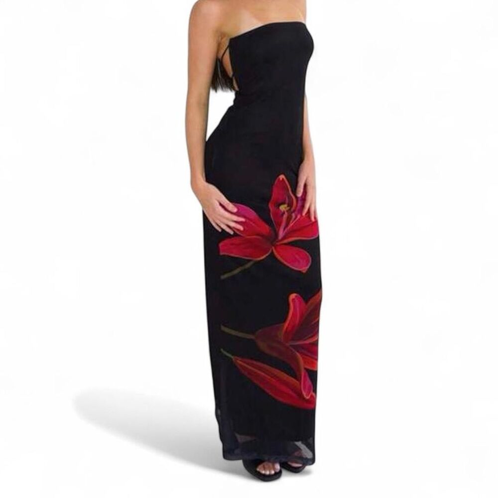 Stunning black maxi dress featuring oversized vibrant pink lily floral prints